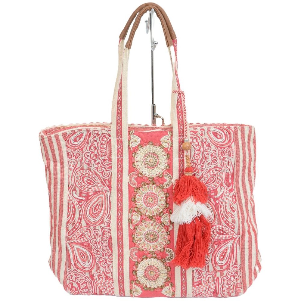 Chico's Embellished Tassel Tote Red Artsy Travel Carry-on Yoga Bag Handbag